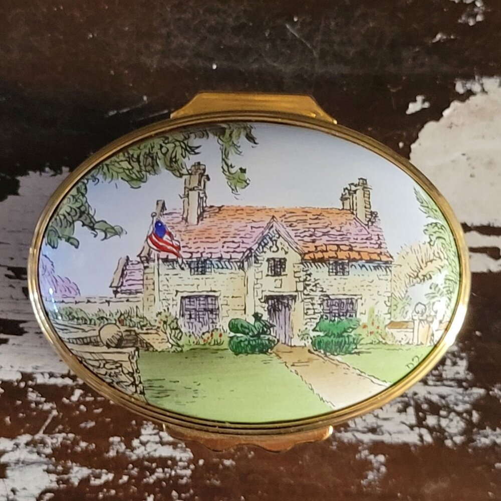 Vtg Halcyon Days English Enamel Box Sulgrave Manor Scene Handcrafted In England
